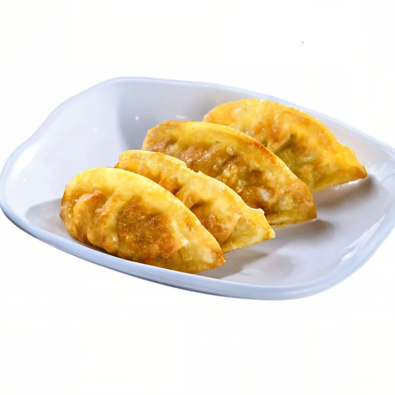 Four golden-brown fried Korean dumplings, or mandu, are arranged on a white rectangular plate.