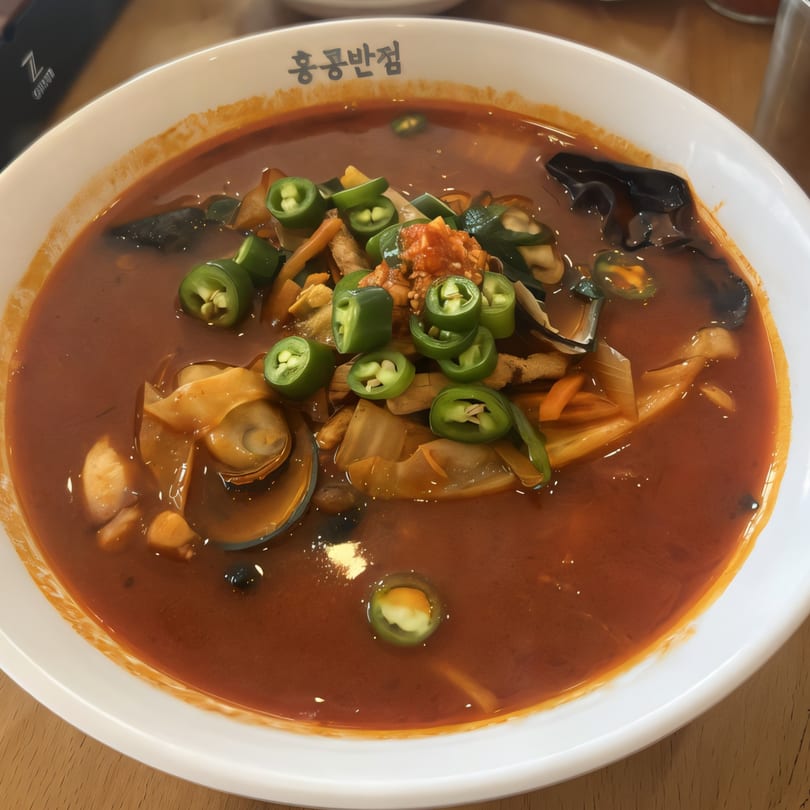 Spicy Korean seafood noodle soup, Jjamppong, with green peppers, clams, and vegetables in a white bowl.